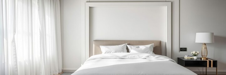 Bright and modern hotel bedroom with white decor, featuring a luxurious bed and nightstand with a mockup frame, mockup frame, bright, hotel