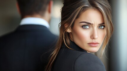 Fototapeta premium Discomfort, Tension, Potential Harassment Professional woman creates distance from male figure