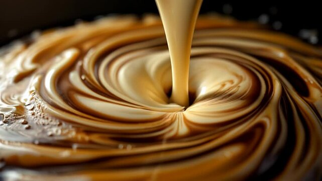 Creamy caramel liquid pouring and swirling in a delicious chocolate swirl