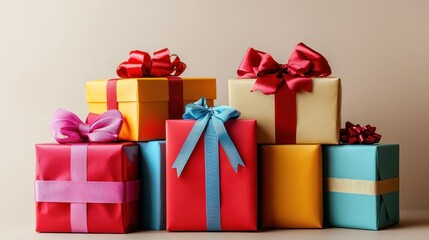 Obraz premium Colorful assortment of gift boxes with ribbons on a neutral background