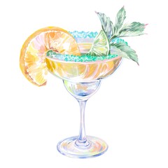 Elegant Margarita Glass With Liquor, Topped With A Piece Of Pineapple, Lime And Mint, Tropical Alcoholic Cocktail, Refreshing Romantic Drink, Watercolor Illustration On A White Background