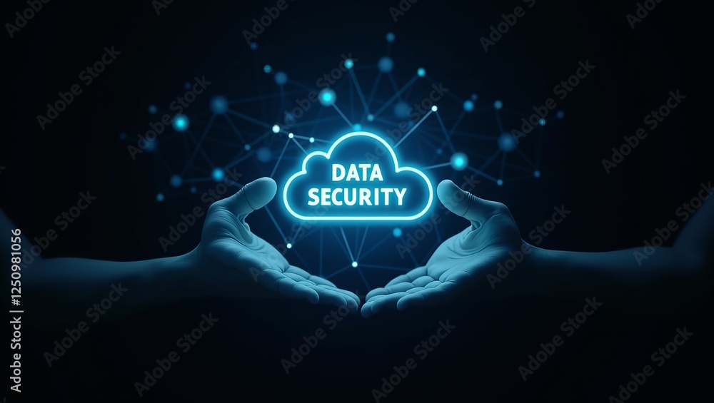 Poster cloud data security concept: digital information protection system with neon hologram technology for