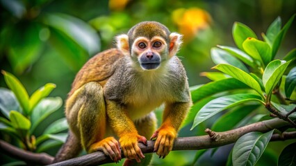 Obraz premium Playful Squirrel Monkey Sitting on Branch in Lush Green Jungle