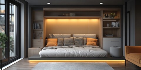 Modern bedroom design urban apartment interior cozy ambiance panoramic view