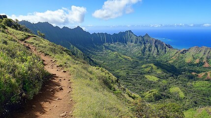 Fototapeta na wymiar Hiking trail, scenic mountain ridge, ocean view, Kauai