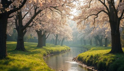 Tranquil Stream Lined with Cherry Blossoms in a Serene Spring Landscape