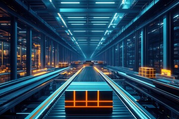 Fototapeta premium Massive industrial warehouse with conveyor belts transporting glowing cobalt blue and amber-colored packages under bright LED lighting