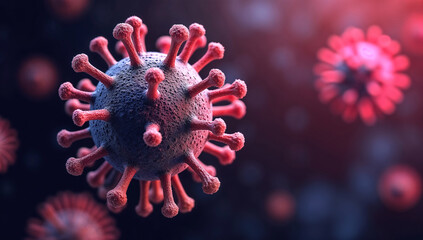 Highly detailed microscopic virus particles, set against a dark, glowing background