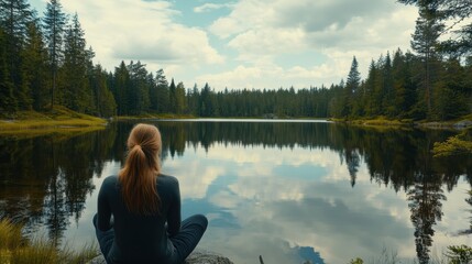 Woman sitting by mountain lake, gazing into still water in deep contemplation