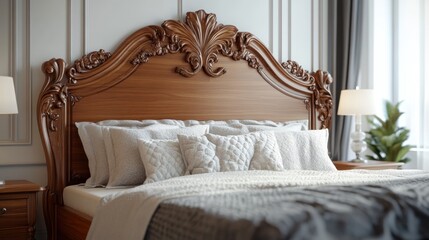 Discover exquisite handcrafted luxury with our bespoke furniture collection, featuring a stunning hand-carved wooden headboard adorned with intricate floral patterns Elevate your bedroom dcor with