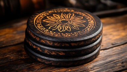 Discover exquisite handcrafted wooden coasters showcasing intricate mandala carvings, reflecting fine craftsmanship and artistic detail Elevate your home decor with these unique and functional pieces