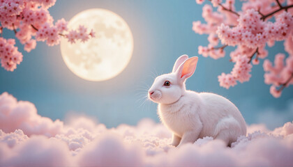 Peaceful white rabbit under full moon with cherry blossoms, Mid-Autumn Festival