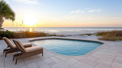 Fototapeta premium serene poolside view at sunrise, with beach and ocean in background