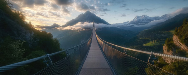 Fototapeta premium Suspension bridge over mountain valley, dramatic sunset sky, misty peaks, panoramic landscape, ethereal light rays, golden hour glow, treacherous heights, breathtaking alpine scenery, long exposure