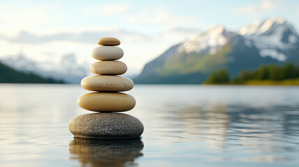 serene nature scene featuring stacked stones by tranquil lake