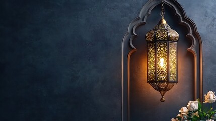 Illuminated Moroccan Lantern Hanging in Arch Niche