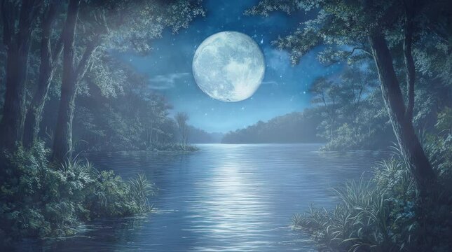 Full moon shining over a calm lake and river under a starry night sky