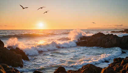 Obraz premium Sunrise over rocky coastline waves crashing, nature's beauty