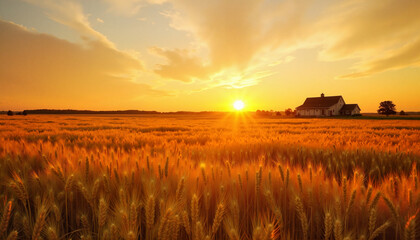 Fototapeta premium Golden wheat field at sunset with farmhouse, serene countryside
