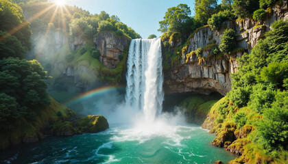 Fototapeta premium Majestic waterfall cascading down rocky cliff, vibrant nature