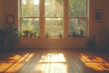 Fototapeta premium Sunlight streams through a large window illuminating a wooden floor