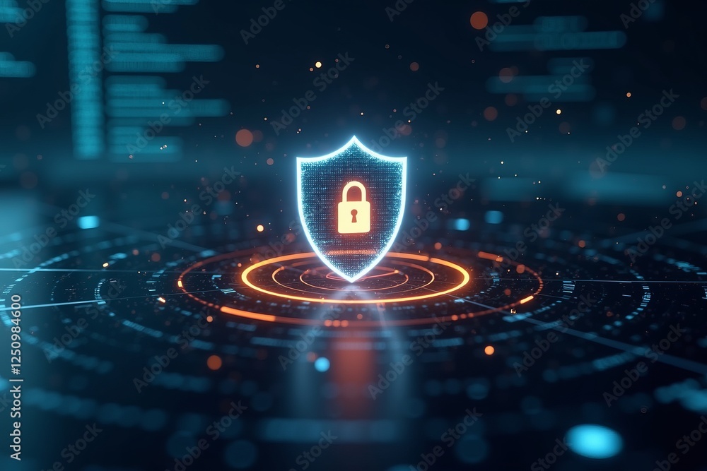 Poster digital security shield protection system with cybersecurity lock interface and futuristic network d