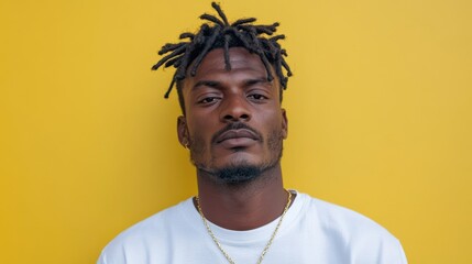 Obraz premium A confident individual stands against a vibrant yellow backdrop, wearing a white shirt and a thoughtful expression, exuding strength and style.