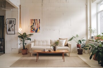 Modern Living Room: Sunlit Scandinavian Elegance with Wood & Plaster