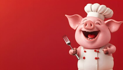 Happy Chef Pig Holding a Fork Against Red Background