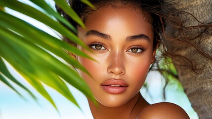 Fototapeta premium Young woman with glowing skin peeking from behind lush tropical leaves, beauty portrait