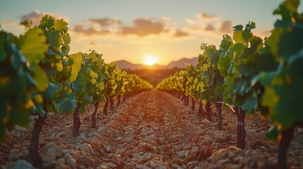 Fototapeta premium Vineyard Sunset Landscape, Rows of Grapevines at Dusk. Possible Use Stock Photo