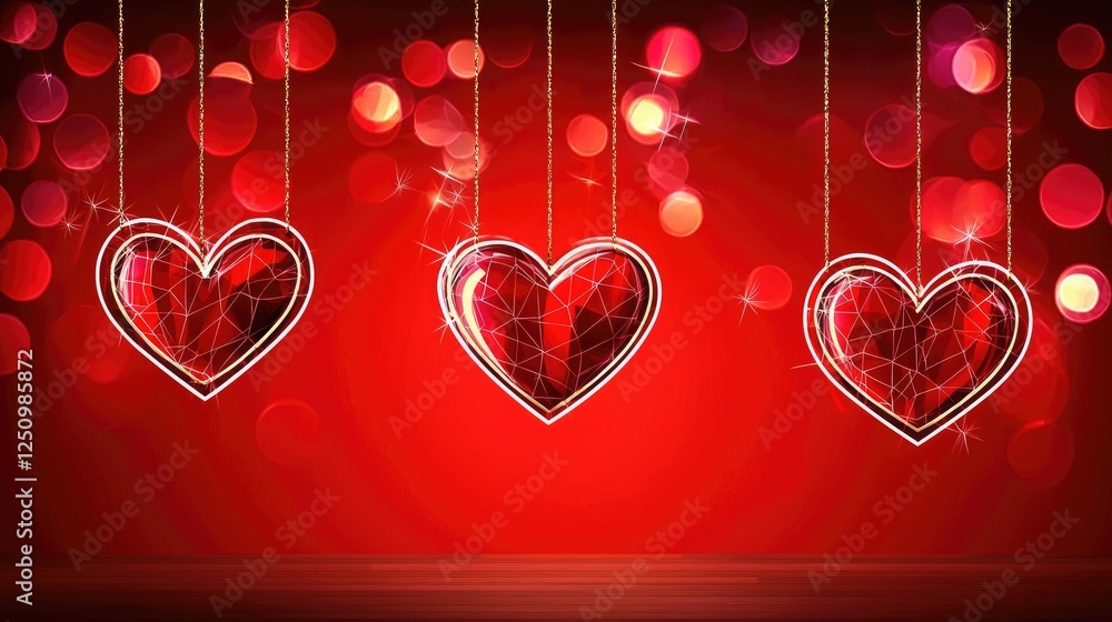 Aufkleber hanging hearts with red background and sparkling bokeh effect