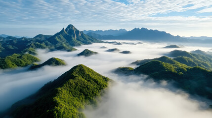 Fototapeta premium breathtaking landscape of rolling hills covered in soft fog, revealing mountain peaks