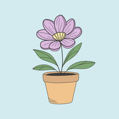 A colorful line art illustration of a potted flower. A purple flower with a yellow center, green leaves, and a brown pot against a soft gradient background. Vector file EPS10.