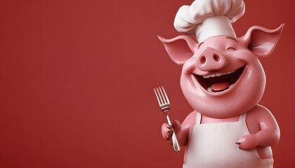 Happy Pig Chef Holds Fork Ready To Serve