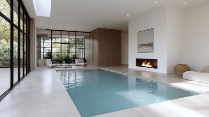 Fototapeta premium Minimalist courtyard with sleek pool and fireplace, offering serene modern luxury.