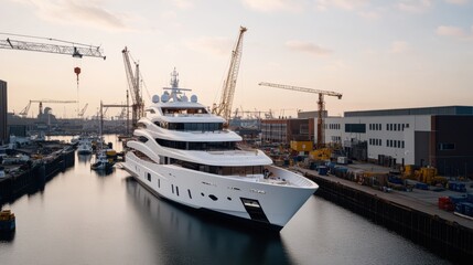 Fototapeta premium Luxurious yacht docked amidst towering cranes, hinting at grandeur and adventure under a soft sky.