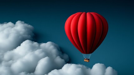 Fototapeta premium Red Hot Air Balloon Adventure: A vibrant red hot air balloon ascends gracefully through a dreamy cloudscape, evoking a sense of freedom, adventure, and exploration.