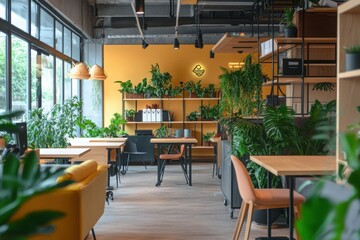 A modern coworking space with vibrant green plants, wooden desks, and accents of mustard yellow and coral.