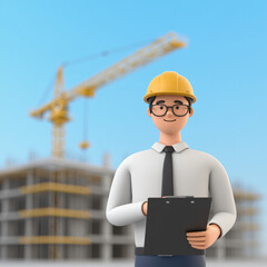 Happy Construction Worker Holding Clipboard at Building Site