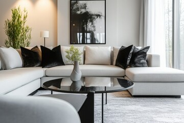 Fototapeta premium A modern living room with sleek furniture, dominated by shades of gray and white