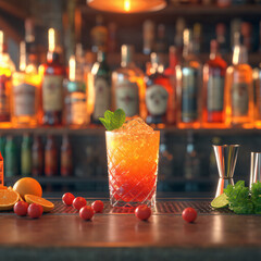 Colorful Refreshing Cocktail with Mint and Citrus Fruits on Bar