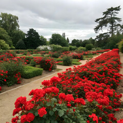 Obraz premium The garden is full of red flowers, creating a vibrant and stunning display of color.