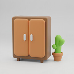 Cute cartoon-style cabinet with cactus plant in modern design