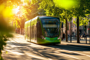 Obraz premium Sustainable urban transportation with an eco-friendly green tram running through a city surrounded by lush greenery, promoting clean energy and environmental consciousness