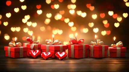 Beautiful Red Gift Boxes with Candles and Heart Shaped Decorations