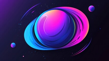 Obraz premium Abstract cosmic art depicting a vibrant planet with rings and orbiting celestial bodies against a dark space background.