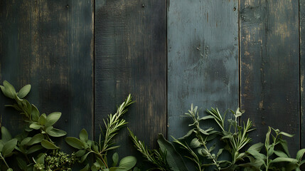 A variety of fresh herbs – rosemary, sage, and thyme – scattered on a rustic wooden table, their vibrant green hues contrasting with the aged wood.