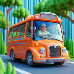 Cartoon Style Orange Bus with Driver in a Vibrant Urban Setting