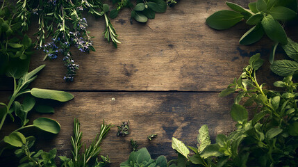 A variety of fresh herbs – rosemary, sage, and thyme – scattered on a rustic wooden table, their vibrant green hues contrasting with the aged wood.